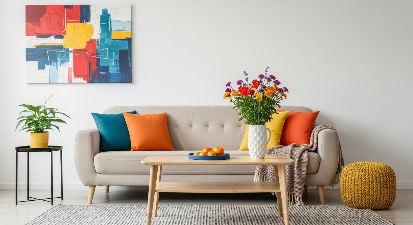 Thiết kế nội thất phòng khách hiện đại, tông trung tính được làm sống động với sofa màu be, gối tựa đầy màu sắc, bình hoa tươi và tranh trừu tượng trên tường trắng.