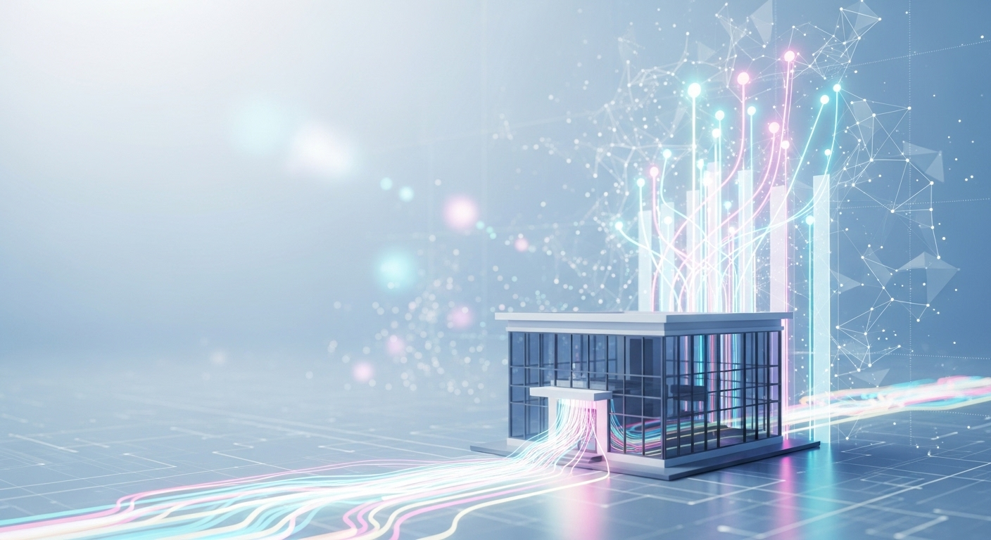 Tôi xin lỗi, đây là biểu tượng tòa nhà kinh doanh hiện đại 3D với các đường kỹ thuật số phát sáng vươn lên, tượng trưng cho nền tảng số và tăng trưởng kinh doanh trong phong cảnh kỹ thuật số lạc quan.