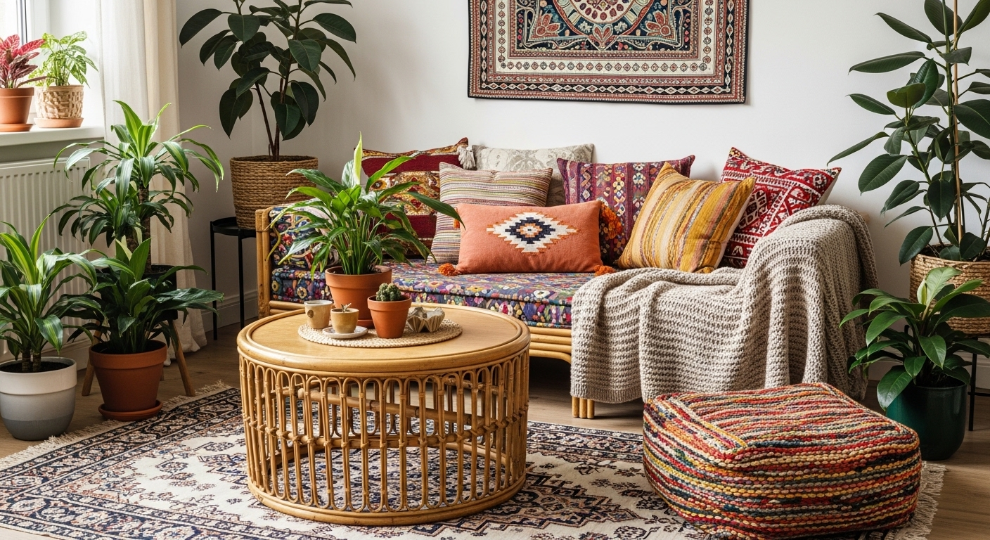 Phòng khách phong cách bohemian tự nhiên với sofa màu sắc, bàn trà mây, thảm dệt và nhiều cây xanh, gợi ý cách trang trí phòng khách ấm cúng và cá tính.