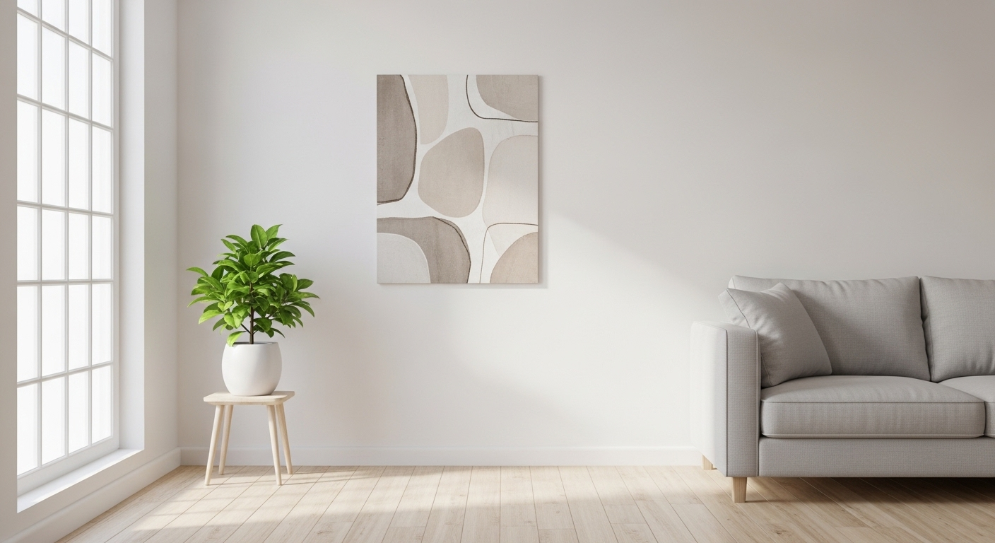 Phòng khách nhỏ tối giản với tường trắng, tranh trừu tượng trung tính và cây xanh nhỏ, minh họa các mẹo vặt giúp phòng khách nhỏ trông rộng hơn một cách hiệu quả.