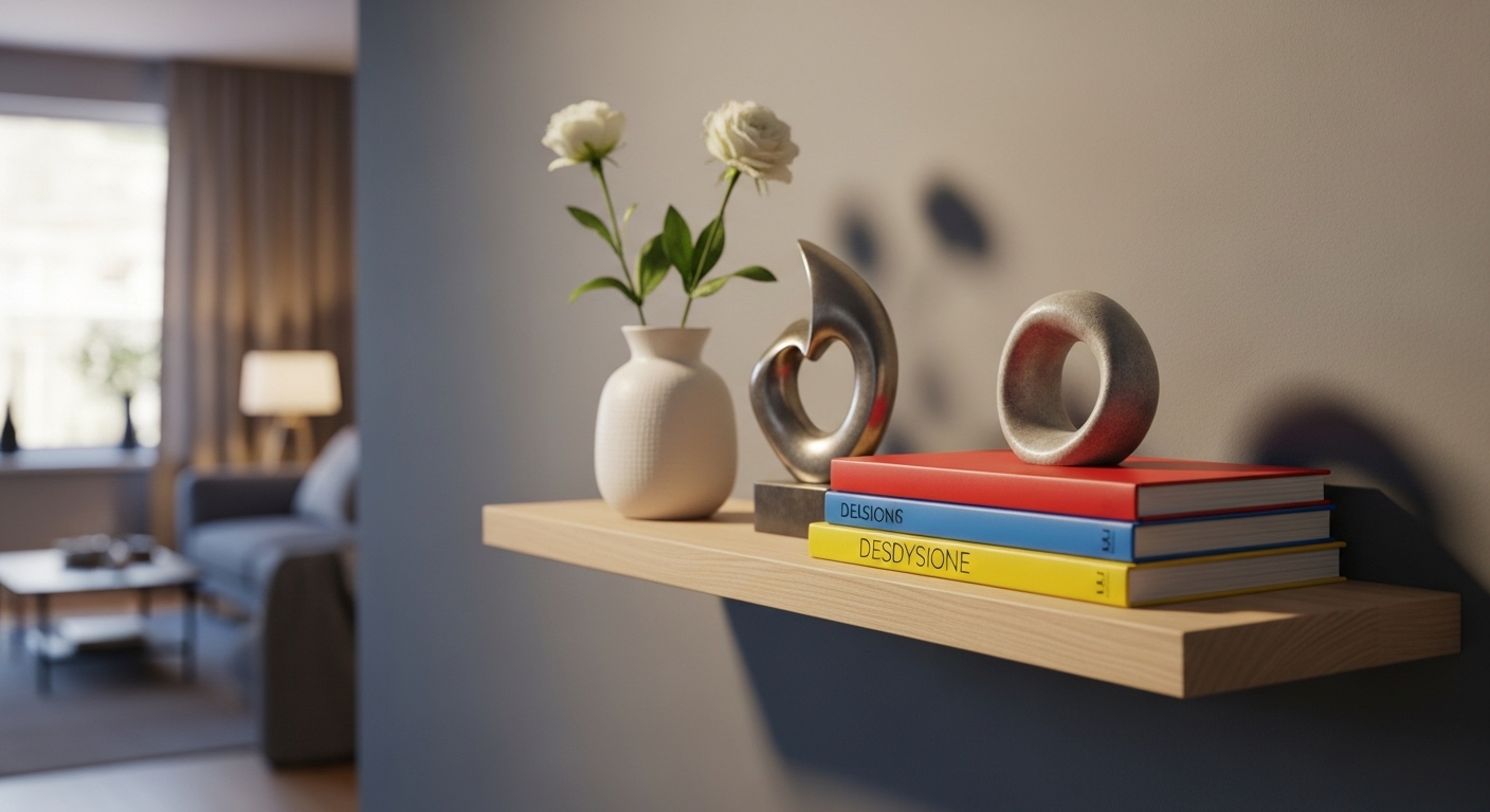 Gợi ý cách làm mới phòng khách với kệ treo tường hiện đại, trưng bày bình hoa trắng, tượng kim loại độc đáo và sách thiết kế đầy màu sắc trên nền tường xám.
