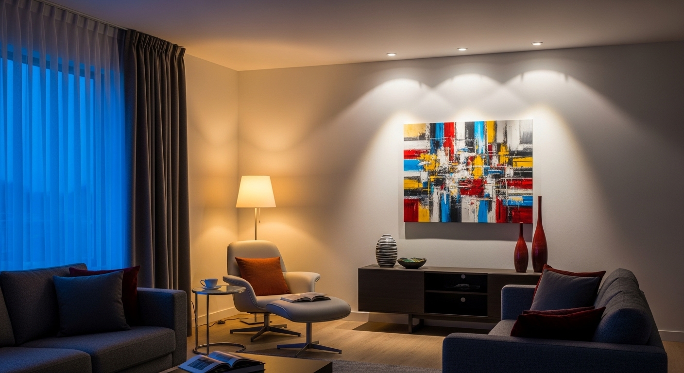 Phòng khách hiện đại với hệ thống đèn đa lớp buổi tối (đèn âm trần, đèn sàn, spotlight chiếu tranh) tạo chiều sâu và không gian ấm cúng, giúp ăn gian diện tích phòng khách hiệu quả.