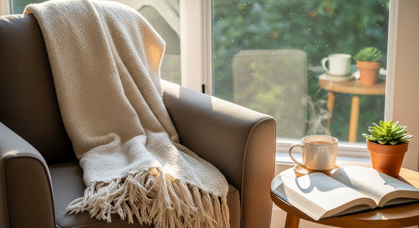 Góc đọc sách thư thái bên cửa sổ, ghế bành êm ái, bàn trà với trà, sách và cây mọng nước tạo nên không gian trang trí nhà cửa ấm cúng.