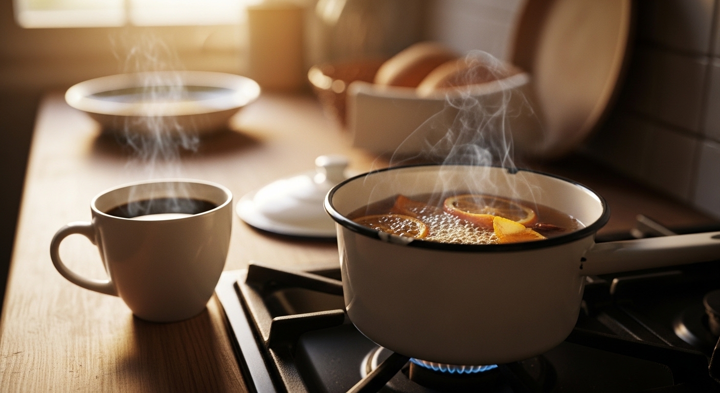 Góc bếp ấm cúng với tách cà phê nóng và nồi nhỏ đun vỏ cam, chanh đang tỏa hương, giúp khử mùi tanh cá hiệu quả, mang lại không gian trong lành. Góc bếp ấm cúng với tách cà phê nóng và nồi nhỏ đun vỏ cam, chanh đang tỏa hương, giúp khử mùi tanh cá hiệu quả, mang lại không gian trong lành.