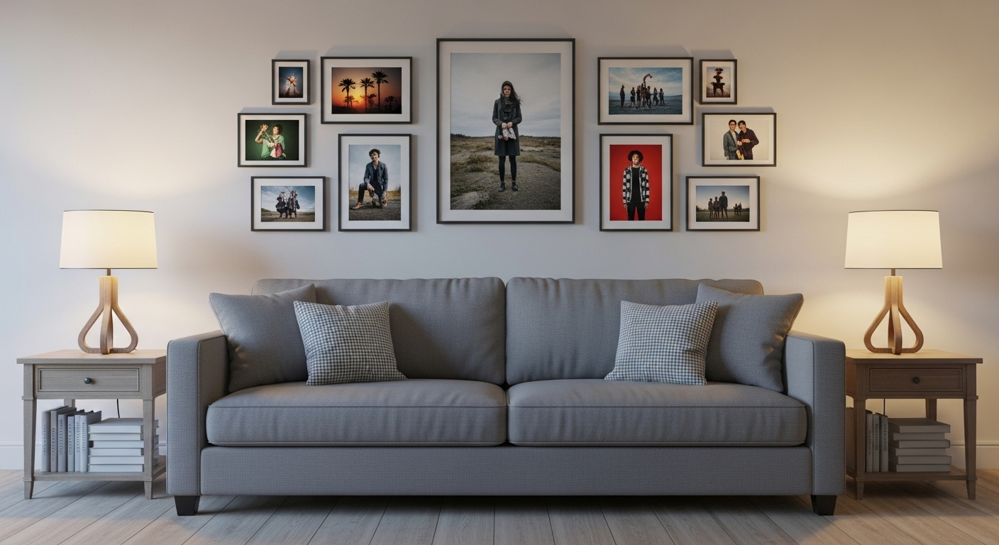 Một phòng khách đối xứng với ghế sofa xám lớn, bàn phụ có đèn, sách và tranh ảnh treo tường, mang đến vẻ trang trí phòng khách ấm cúng và tinh tế.