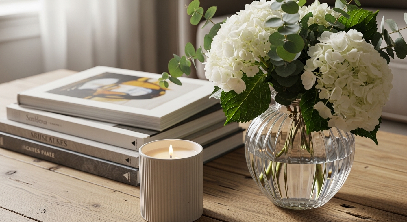 Đồ decor phòng khách tinh tế trên bàn cà phê gỗ với bình hoa cẩm tú cầu, nến thơm và sách.