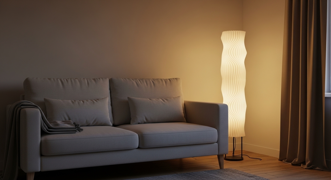 Sofa màu xám nhạt thoải mái trong phòng khách nhỏ, cạnh đó là đèn đứng hiện đại tỏa ánh sáng vàng ấm, tạo nên không gian trang trí phòng khách đơn giản và ấm cúng.