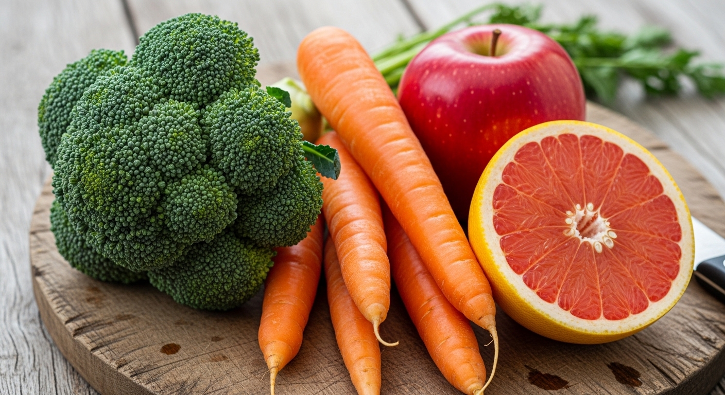 Cận cảnh rau củ quả tươi đầy màu sắc (bông cải xanh, cà rốt, táo, bưởi) trên thớt gỗ rustic, lựa chọn dinh dưỡng cho cách giảm cân.