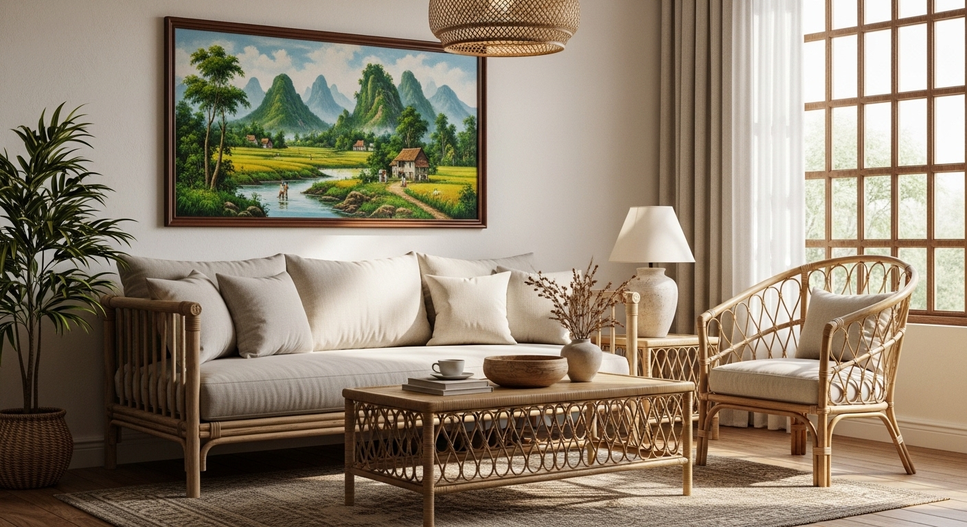 Phòng khách phong cách Đông Dương ấm cúng với sofa gỗ tự nhiên, đệm vải lanh và ghế mây đan. Cách trang trí phòng khách này nổi bật tranh phong cảnh truyền thống và ánh sáng dịu nhẹ, tạo không gian thư giãn.