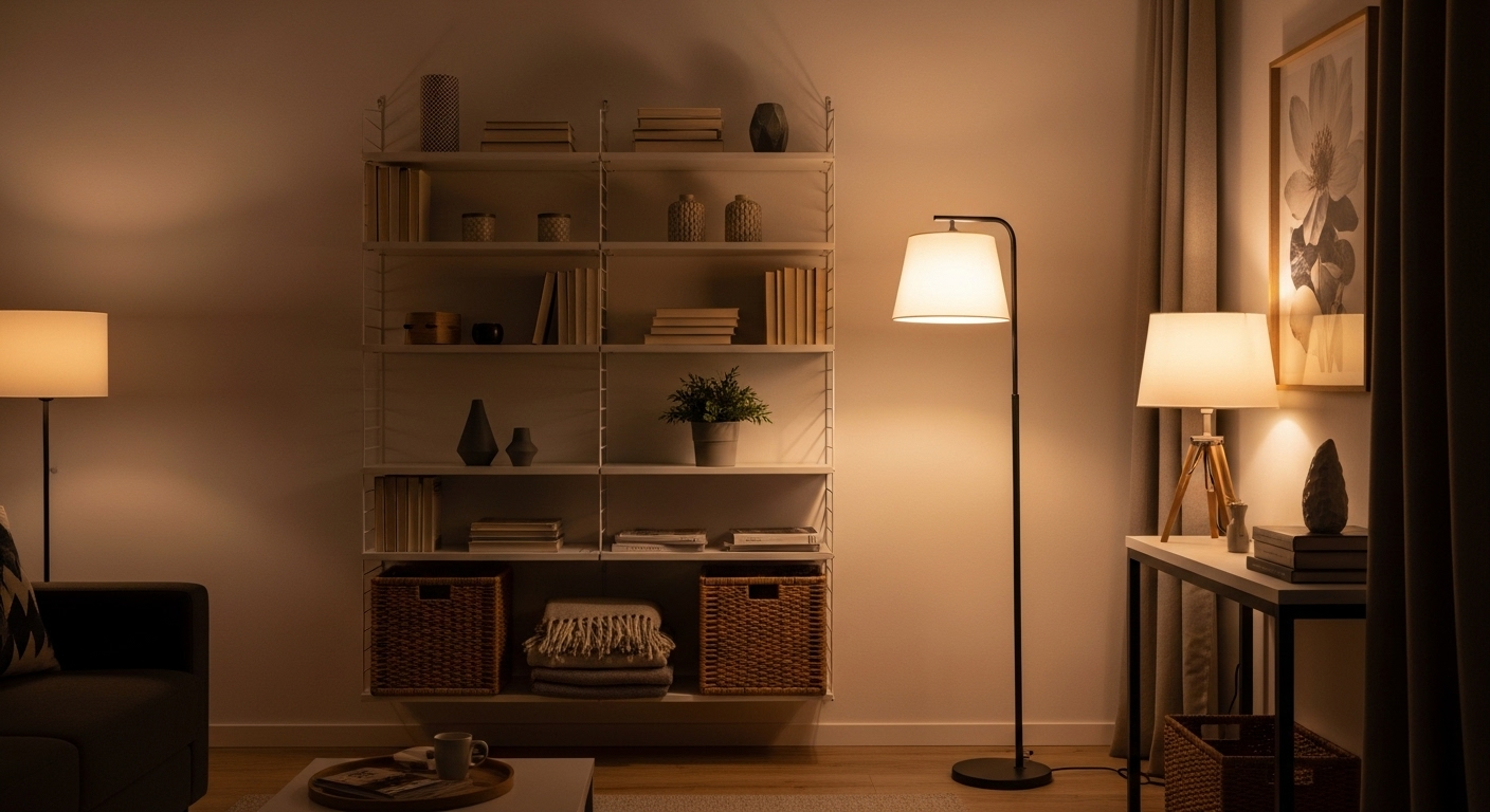 Trang trí phòng khách ấm cúng vào chiều tối với ánh sáng đèn dịu nhẹ, tạo không gian mời gọi. Kệ treo tường trưng bày sách, cây cảnh và vật trang trí nhỏ gọn, cùng giỏ đan tiện lợi. Đèn sàn và đèn bàn hiện đại làm nổi bật vẻ đẹp trang nhã của căn phòng.