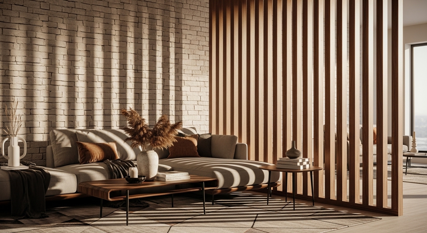 Phòng khách hiện đại với vách ngăn gỗ thanh lam trang trí, tạo bóng đổ nghệ thuật trên tường giả đá. Thiết kế này mang lại chiều sâu và sự tinh tế cho không gian, là ý tưởng độc đáo cho việc trang trí phòng khách.