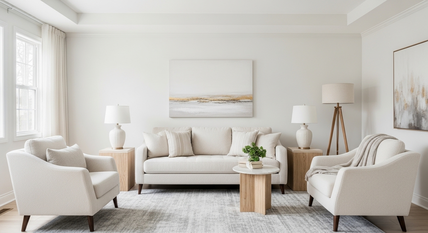 tường trắng ngà, trần trắng tạo cảm giác cao, thảm lông xám nhạt, ghế bọc vải kem và bàn phụ gỗ tự nhiên ấm áp.