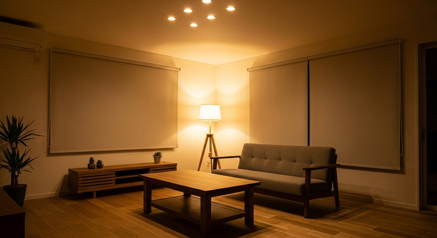 Phòng khách ấm cúng buổi tối với ánh sáng vàng dịu từ đèn âm trần và đèn sàn, sàn gỗ và bàn cà phê gỗ, minh họa cách trang trí phòng khách tạo không gian thư giãn, mời gọi.