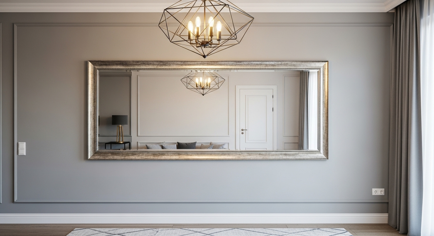 Trang trí phòng khách nhà ống sang trọng với gương lớn hình chữ nhật khung trang trí trên tường xám nhạt, phản chiếu không gian giúp phòng trông rộng hơn. Đèn thả trần hình học hiện đại và thảm trải sàn họa tiết tinh tế làm tăng vẻ đẹp.