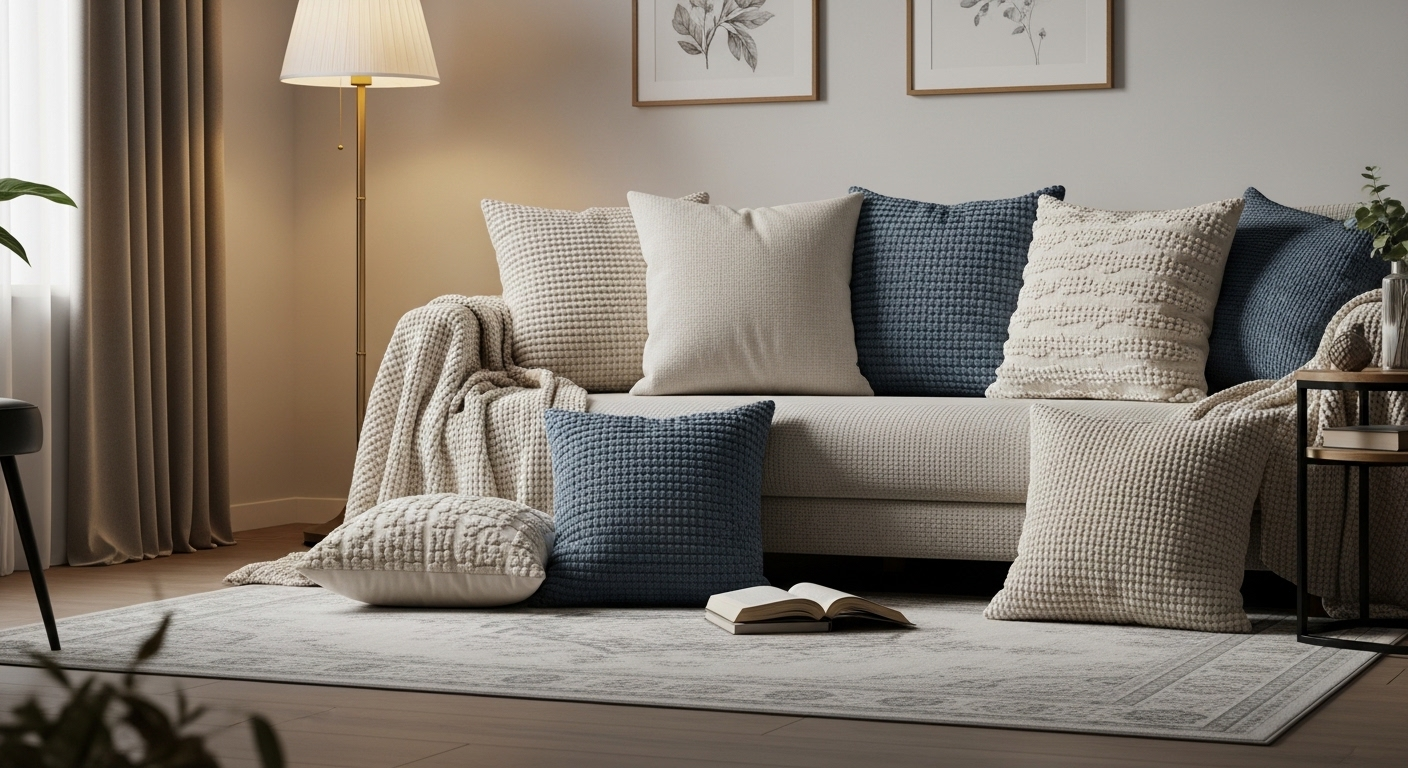 Phong cách trang trí phòng khách nhỏ ấm cúng với sofa nệm êm, gối tựa màu kem và xanh, thảm họa tiết nhẹ nhàng, cùng đèn đứng ánh sáng ấm.