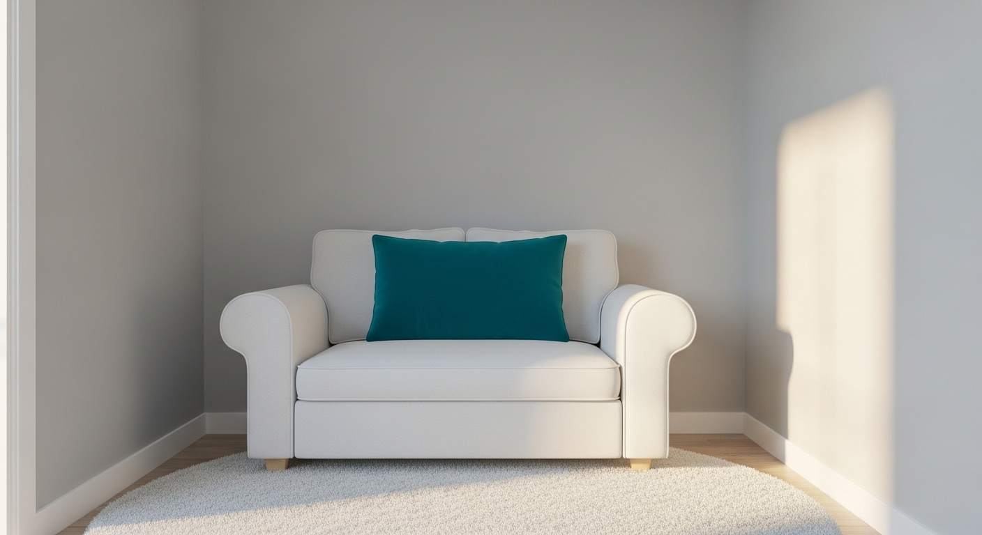 Trang trí phòng khách nhỏ đẹp đơn giản với thiết kế tối giản, tường xám nhạt, ghế sofa trắng nhỏ gọn, điểm nhấn gối xanh ngọc đậm và thảm tròn màu sáng tạo không gian ấm cúng. Trang trí phòng khách nhỏ đẹp đơn giản với thiết kế tối giản, tường xám nhạt, ghế sofa trắng nhỏ gọn, điểm nhấn gối xanh ngọc đậm và thảm tròn màu sáng tạo không gian ấm cúng.