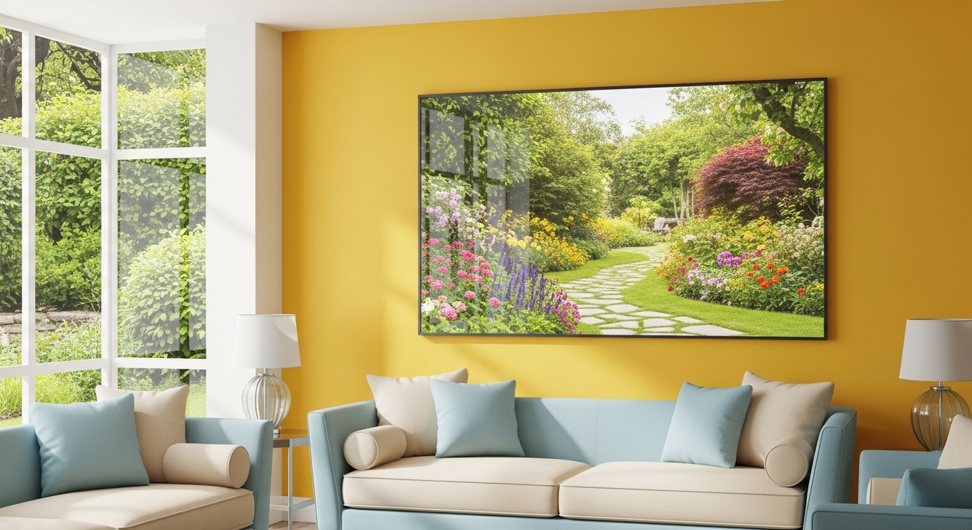 Gương chữ nhật phản chiếu vườn xanh trên tường phòng khách, mở rộng không gian và cải thiện phong thủy phòng khách với sắc màu tươi sáng.