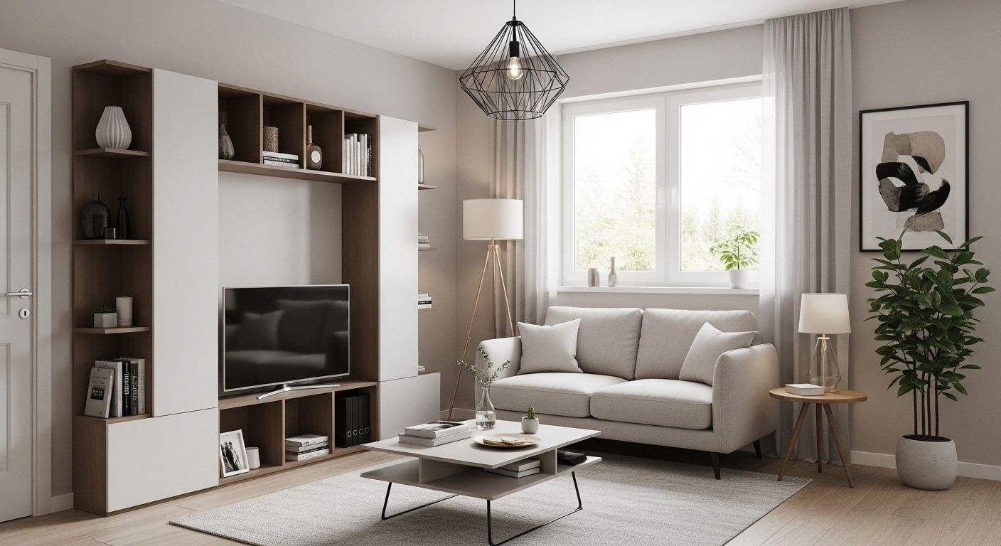 Cách trang trí phòng khách nhỏ gọn, hiện đại với sofa đôi, kệ TV tích hợp, bàn trà và cây xanh, tối ưu không gian căn hộ.