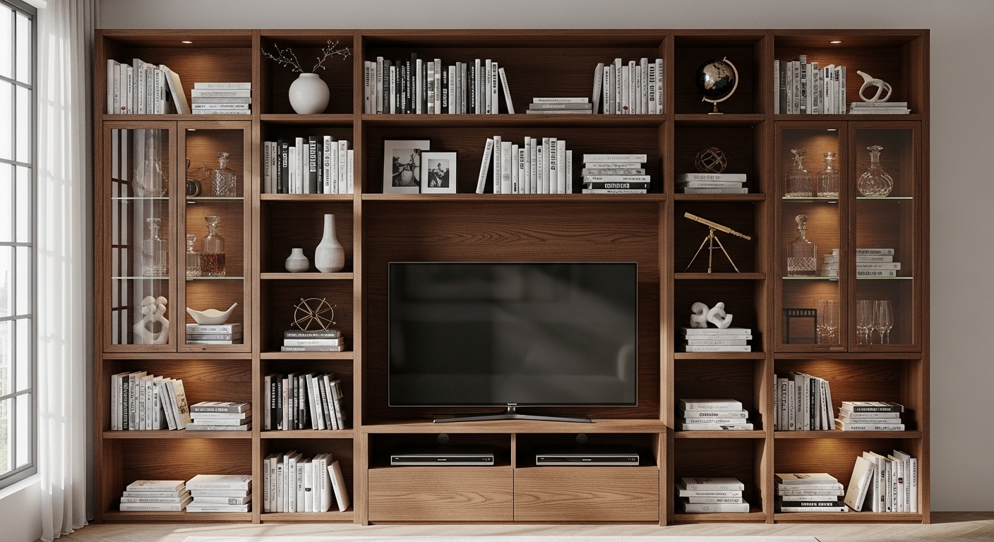 Gợi ý cách trang trí kệ tivi phòng khách với hệ tủ tường đa năng tích hợp kệ sách và đồ trang trí tinh xảo, tối ưu không gian sang trọng.