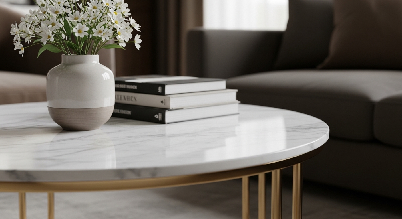Bàn cà phê đá cẩm thạch tròn, chân vàng tinh xảo, bày bình hoa trắng và sách nghệ thuật, tô điểm cho không gian trang trí phòng khách sang trọng. Bàn cà phê đá cẩm thạch tròn, chân vàng tinh xảo, bày bình hoa trắng và sách nghệ thuật, tô điểm cho không gian trang trí phòng khách sang trọng.