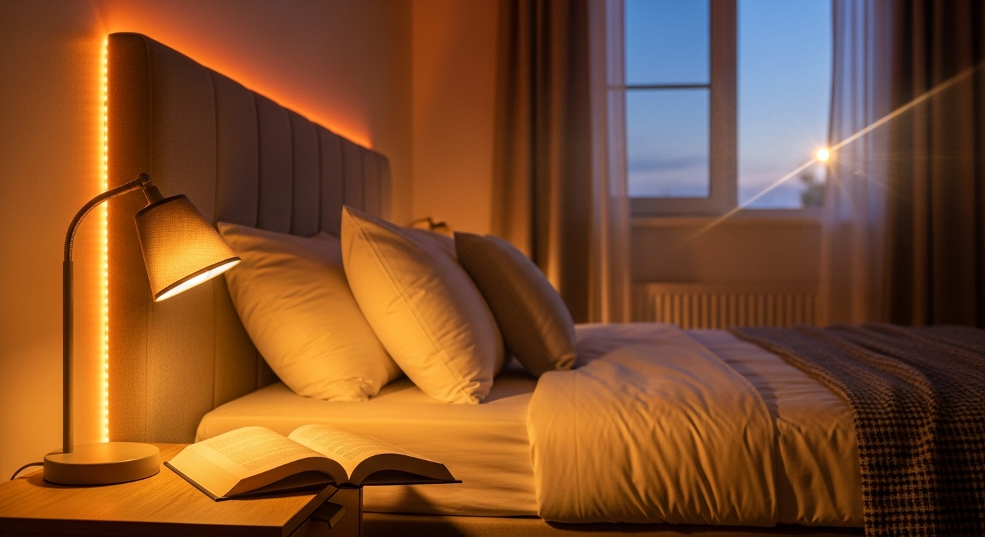 Trang trí phòng ngủ yên bình với ánh sáng ấm áp, dịu nhẹ từ đèn ngủ đầu giường chiếu sáng sách và đèn LED dải ẩn sau đầu giường vải. Tạo không gian thư giãn, mời gọi.