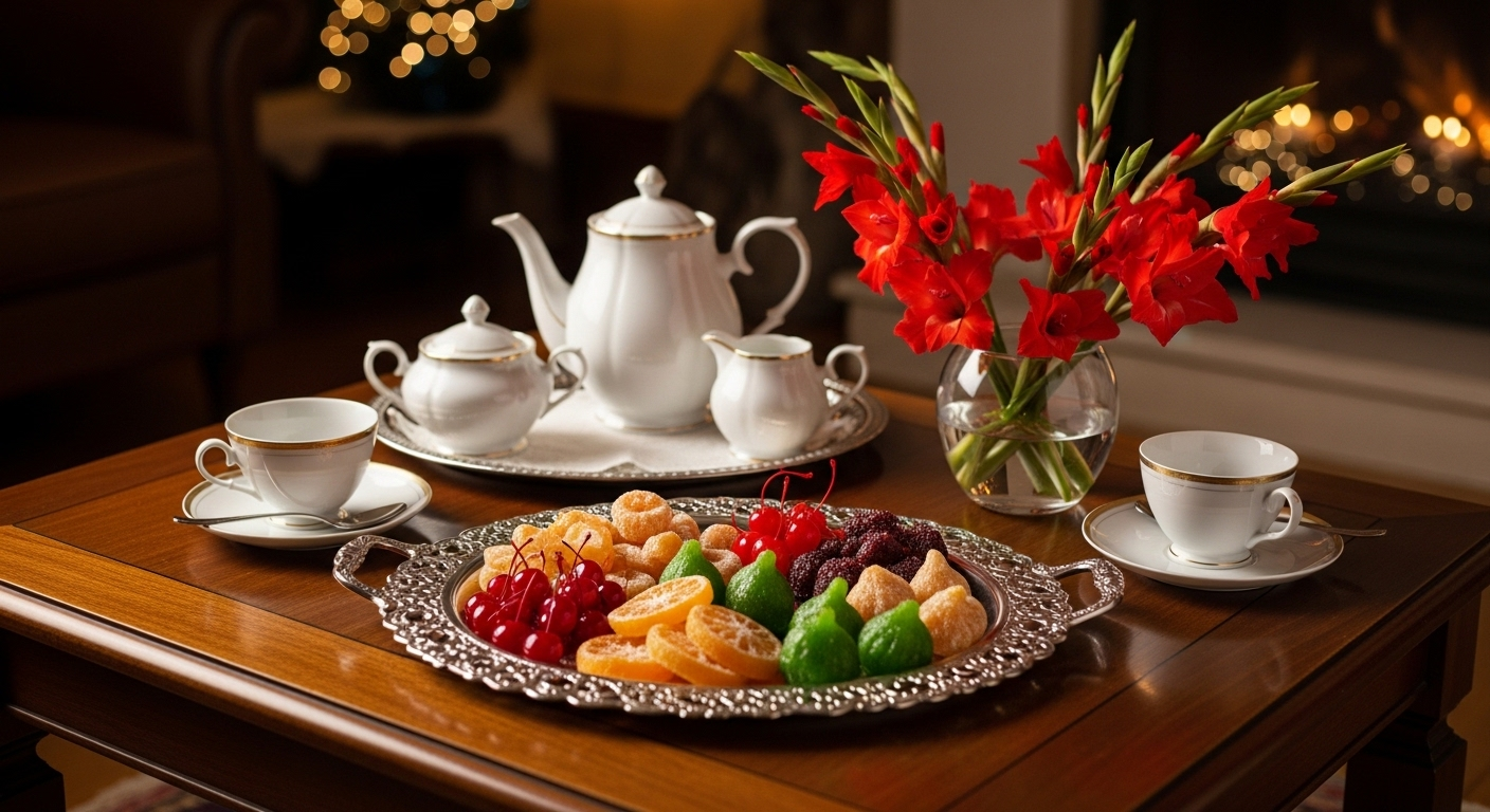 Trang trí phòng khách ngày Tết với bàn trà chữ nhật đẹp mắt, gồm bộ ấm trà sứ trắng tinh khôi, khay mứt truyền thống và bình hoa lay ơn đỏ tươi.