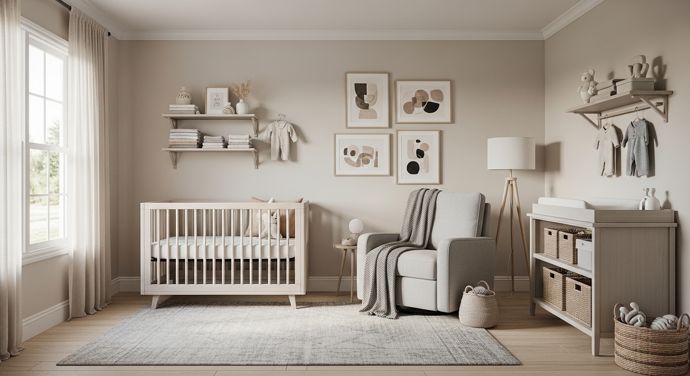 Trang trí phòng cho trẻ sơ sinh hiện đại với nôi đa năng, kệ treo tường và tông màu xám be trung tính. Không gian thanh lịch, tiện nghi cho bé. Trang trí phòng cho trẻ sơ sinh hiện đại với nôi đa năng, kệ treo tường và tông màu xám be trung tính. Không gian thanh lịch, tiện nghi cho bé.