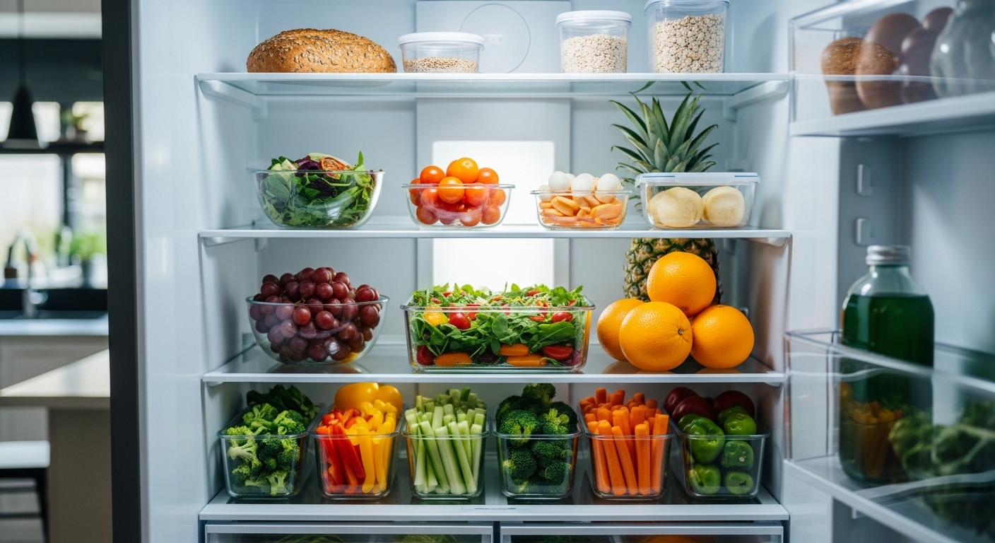 Tủ lạnh ngăn nắp với các hộp đựng kín chứa salad, rau củ thái sẵn, trái cây và ngũ cốc nguyên hạt, minh họa rõ nét lợi ích của một Chế độ ăn lành mạnh và tiết kiệm.