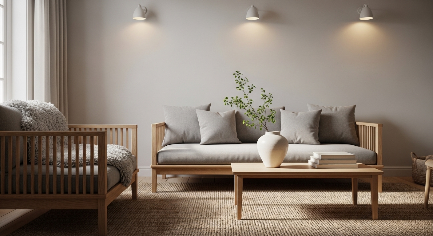 Phòng khách phong cách Scandinavian ấm cúng với nội thất gỗ sáng màu, sofa xám, thảm tự nhiên và điểm nhấn cây xanh. Minh họa cách trang trí phòng khách hiện đại, tinh tế.