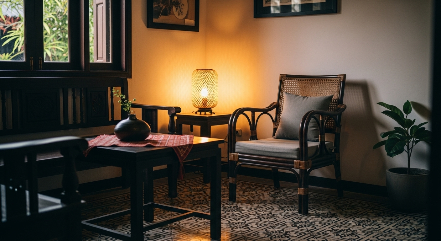 Thiết kế nội thất phòng khách nhà ống phong cách Indochine ấm cúng, với đồ gỗ tối màu, ghế mây và gạch bông truyền thống. Thiết kế nội thất phòng khách nhà ống phong cách Indochine ấm cúng, với đồ gỗ tối màu, ghế mây và gạch bông truyền thống.