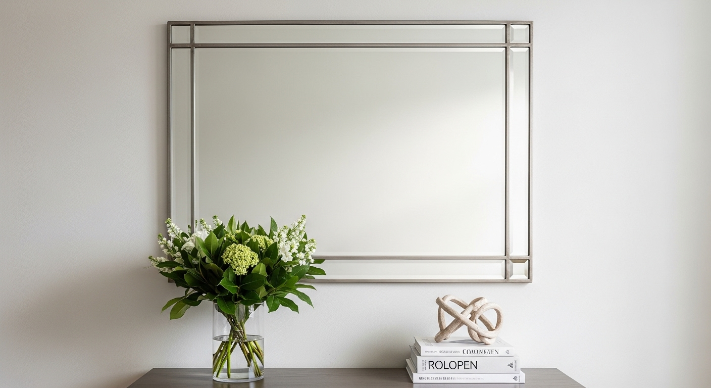 Góc trang trí phòng khách đẹp với gương lớn khung kim loại, bàn console thanh lịch cùng bình hoa trắng xanh, sách nghệ thuật và vật trang trí.