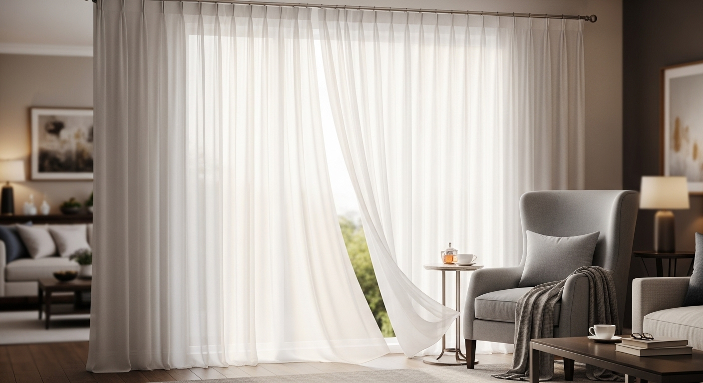 Góc phòng khách thanh lịch với rèm voan trắng, ánh nắng dịu nhẹ, ghế bành êm ái, tạo không gian thư giãn lý tưởng cùng những đồ trang trí phòng khách tinh tế.