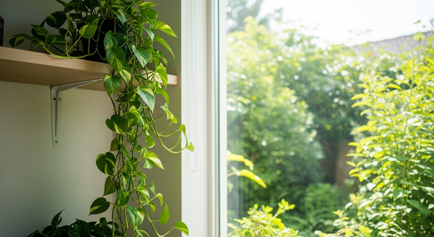 Cây trầu bà xanh tươi rủ mềm mại từ kệ cao bên cửa sổ lớn, đón ánh sáng tự nhiên và tầm nhìn vườn xanh mát, mang đến không gian nội thất chữa lành đầy thư thái.