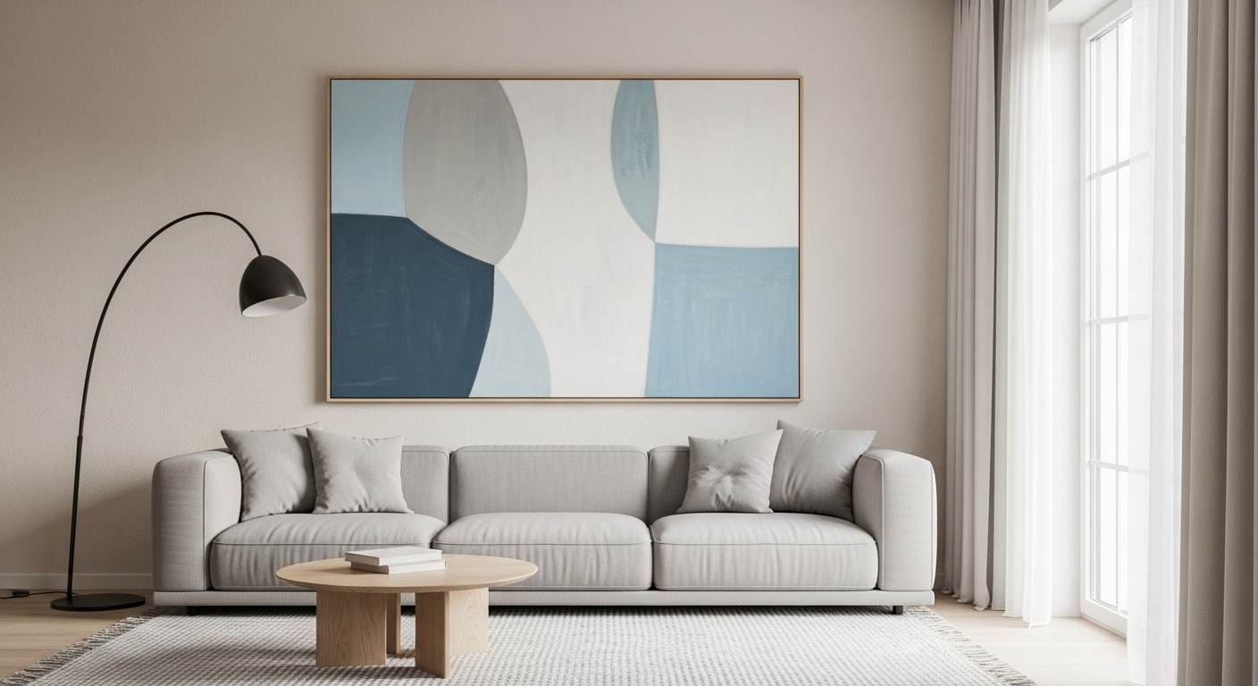 Phòng khách tối giản với sofa xám nhạt và tranh trừu tượng lớn gam màu xanh, xám, trắng, thể hiện cách trang trí phòng khách đẹp và tinh tế.