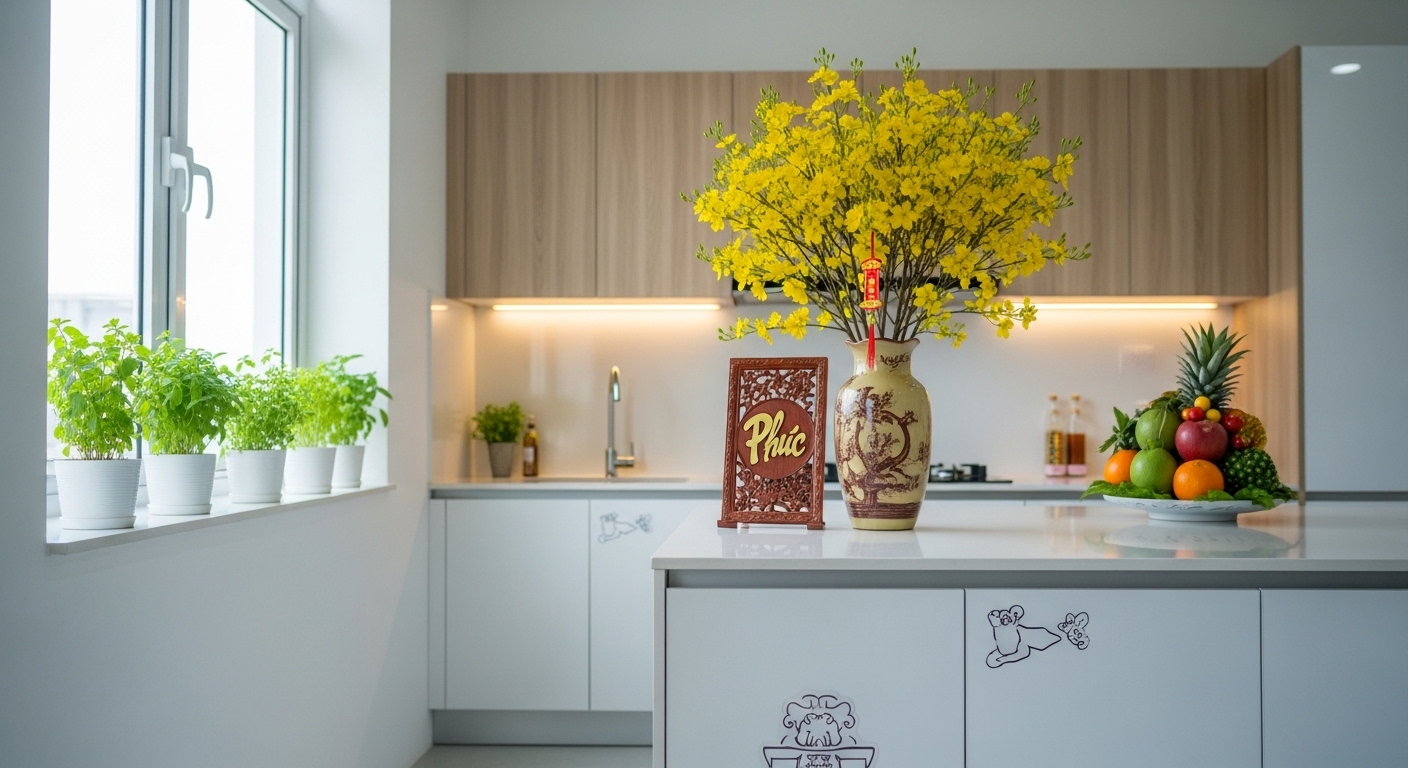 Bếp Việt hiện đại, sạch tinh tươm với cây gia vị xanh tươi trên bệ cửa sổ đón nắng, gợi ý cho cách trang trí nhà đón Tết thêm trong lành và ấm cúng.