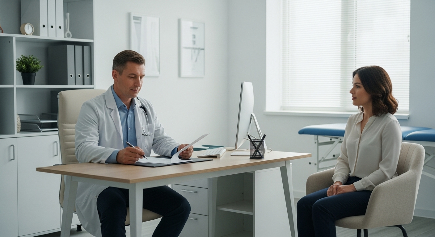 Bác sĩ tại phòng khám hiện đại đang tư vấn sức khỏe cho bệnh nhân, tập trung vào dinh dưỡng và vận động.