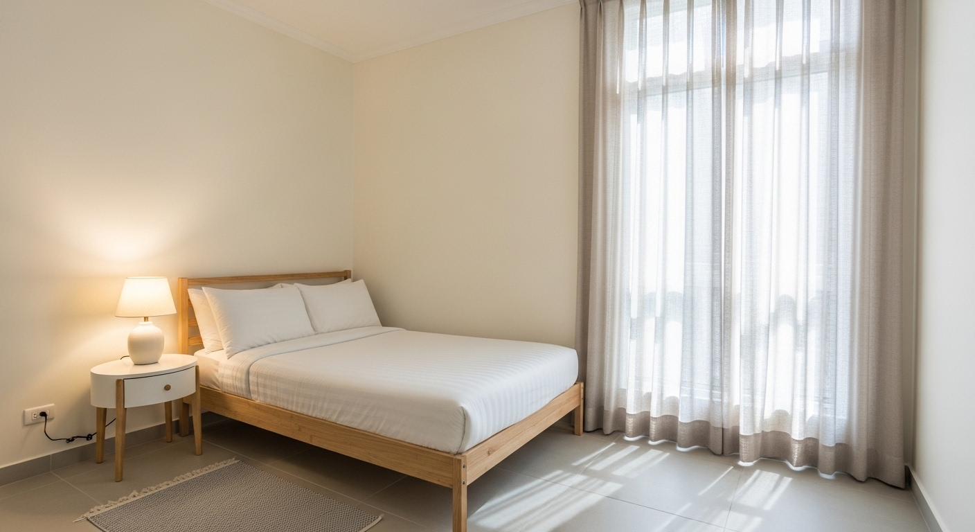 Trang trí phòng ngủ nhỏ gọn gàng với tông kem dịu nhẹ, ánh sáng mềm mại. Sàn gạch sáng và thảm đơn sắc nhỏ cạnh giường, tạo không gian thoải mái, thông thoáng. Trang trí phòng ngủ nhỏ gọn gàng với tông kem dịu nhẹ, ánh sáng mềm mại. Sàn gạch sáng và thảm đơn sắc nhỏ cạnh giường, tạo không gian thoải mái, thông thoáng.