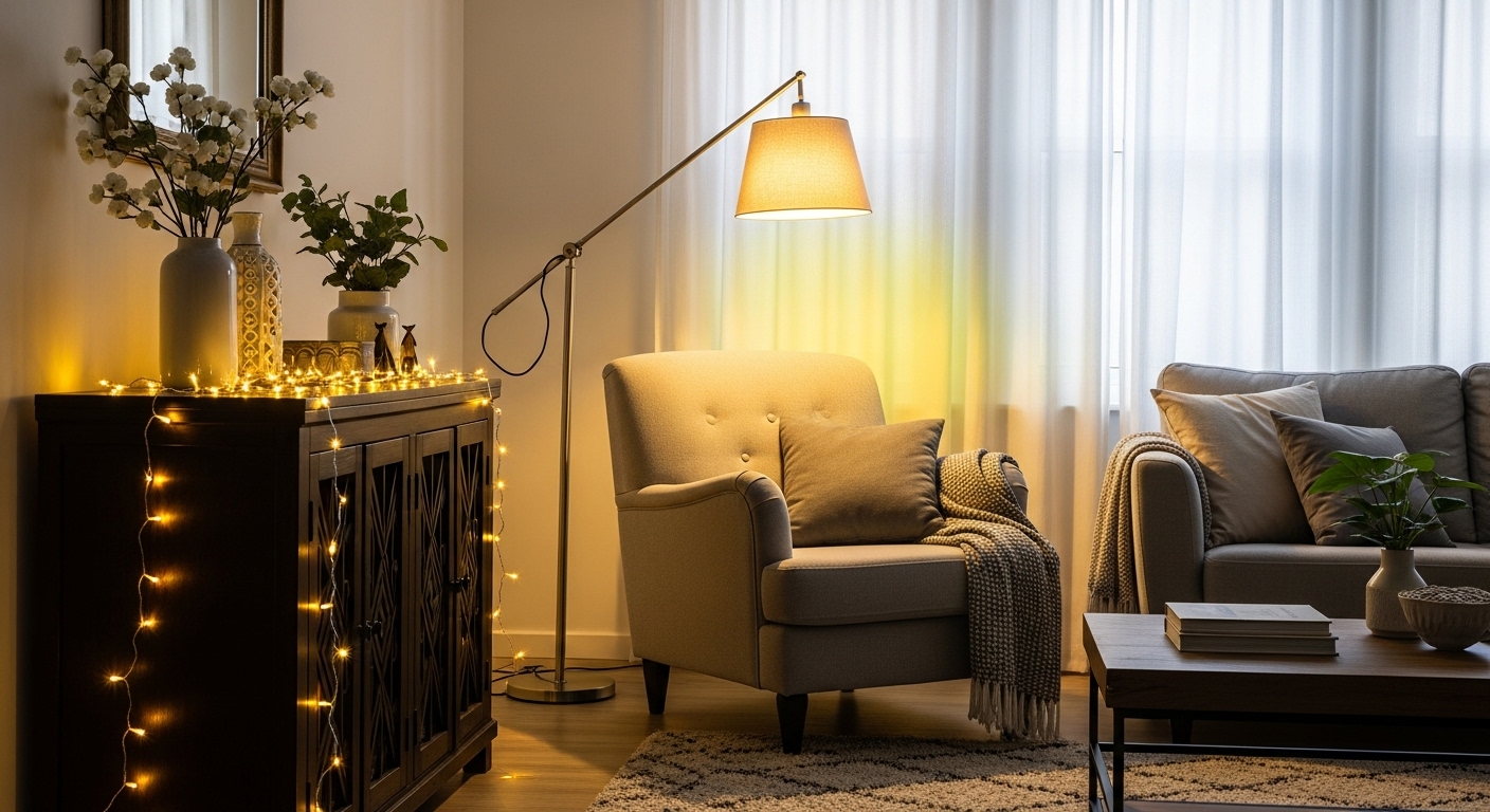 Phòng khách ấm cúng với nhiều lớp ánh sáng từ cửa sổ, đèn LED dây và đèn sàn hiện đại, minh họa mẹo vặt trang trí nhà cửa tạo không gian sống mời gọi.