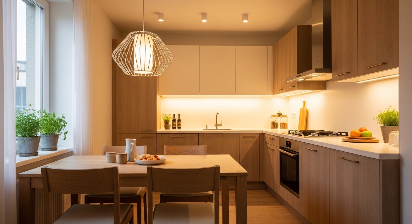 Không gian bếp ăn hiện đại, ấm cúng với tủ bếp sáng màu, bàn gỗ, đèn treo độc đáo và cây xanh, gợi ý mẹo vặt trang trí nội thất tinh tế.