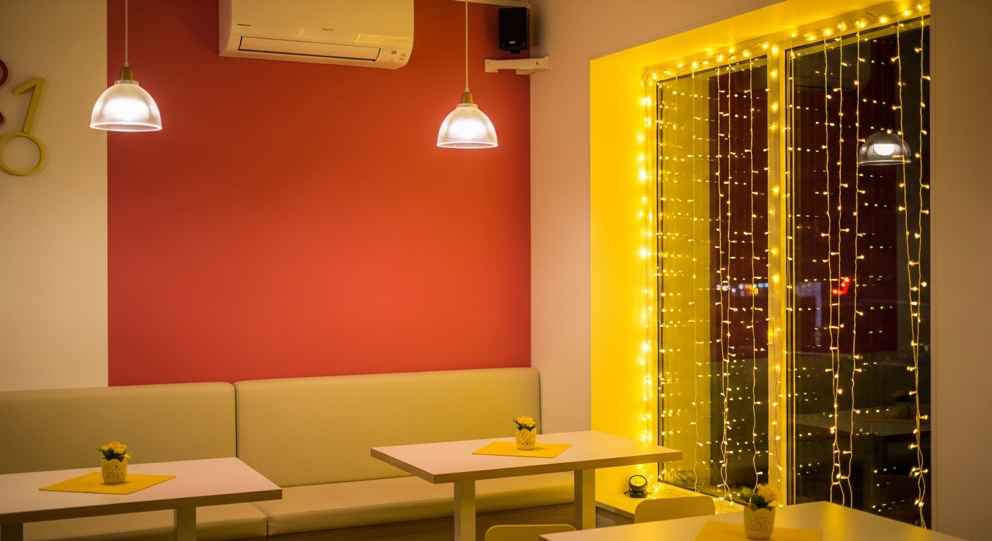 Nội thất quán ăn vặt sống động với tường đỏ gạch, ghế kem và đèn fairy lights vàng ấm áp, minh họa cách trang trí quán ăn vặt hiện đại và cuốn hút.