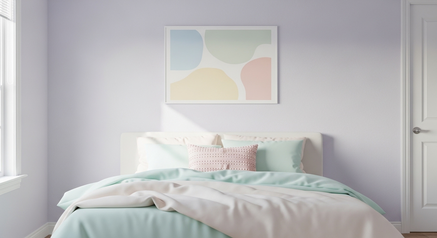 giường ga xanh bạc hà nhạt, kem, gối hồng nhạt và tranh treo tường tối giản.