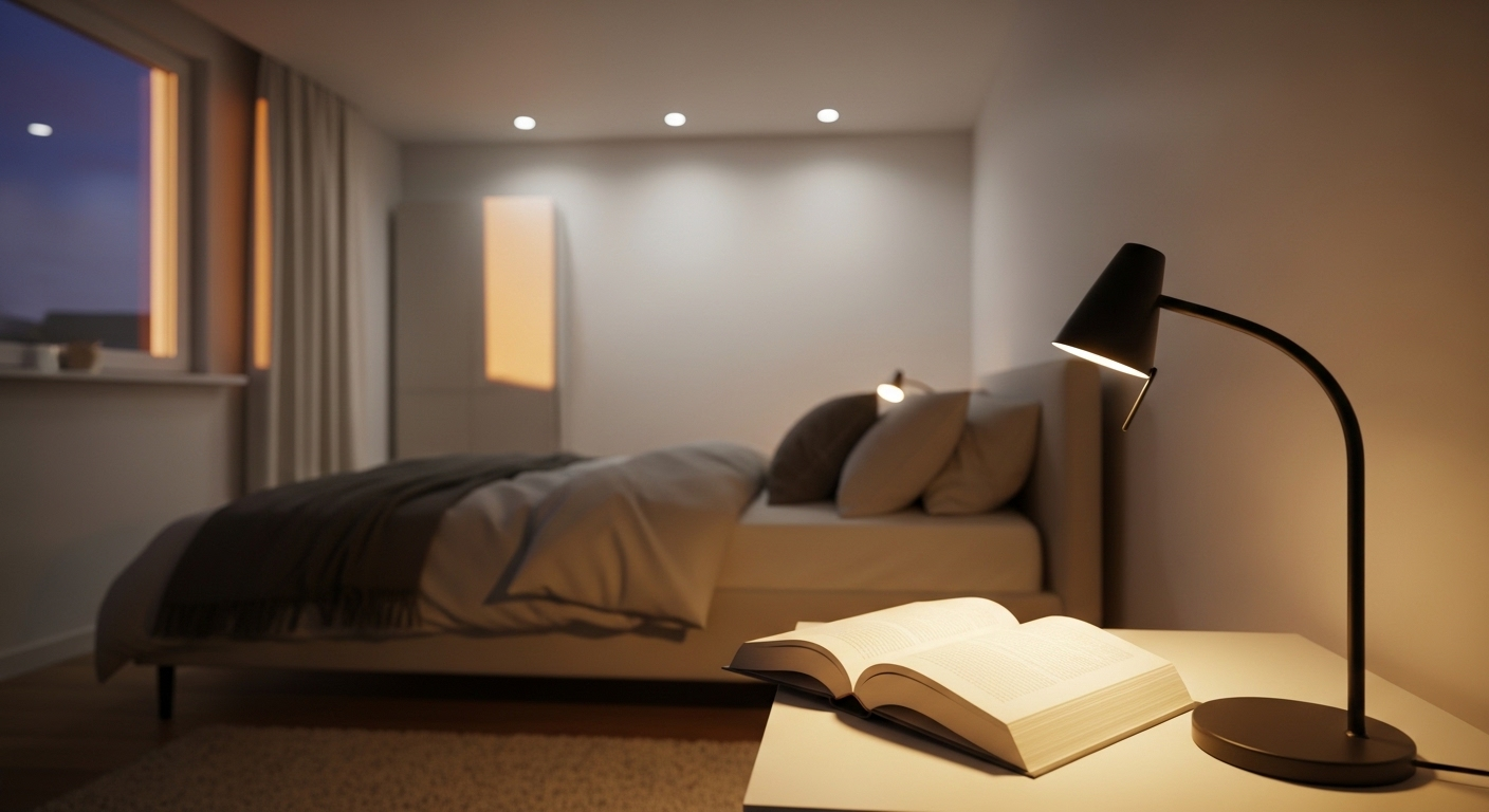 Phòng ngủ nhỏ ấm cúng buổi tối, đèn bàn hiện đại chiếu sáng sách và đèn âm trần dịu nhẹ. Bố trí ánh sáng thông minh là một trong những mẹo vặt trang trí phòng ngủ tạo không gian thư giãn lý tưởng.