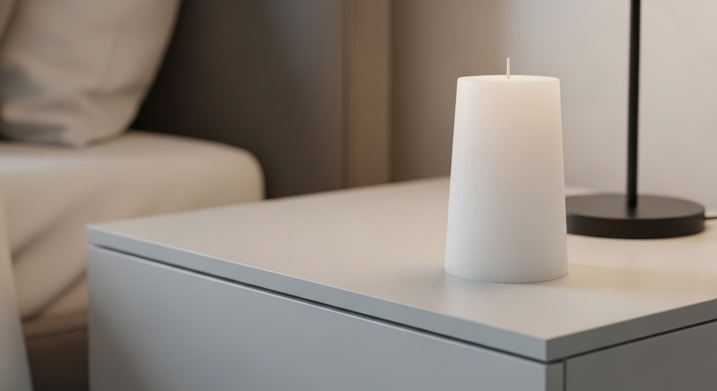 Nến trụ trắng thanh lịch trên tủ đầu giường, món đồ trang trí phòng ngủ hiện đại tạo không gian yên bình.