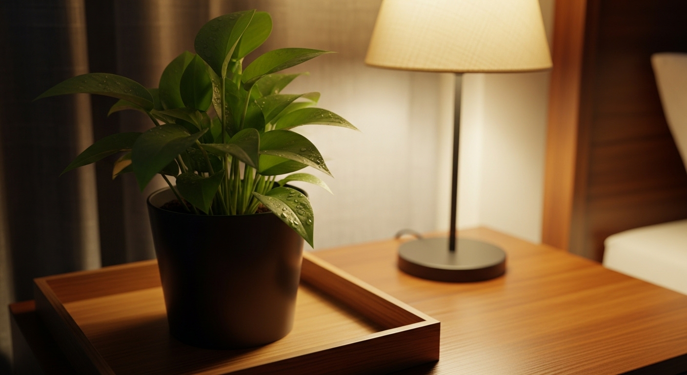 Cây xanh tươi tắn đặt trên bàn gỗ bóng loáng, được chiếu sáng dịu nhẹ, tạo không gian thư thái và là một gợi ý tuyệt vời cho cách trang trí phòng ngủ sang trọng và ấm cúng. Cây xanh tươi tắn đặt trên bàn gỗ bóng loáng, được chiếu sáng dịu nhẹ, tạo không gian thư thái và là một gợi ý tuyệt vời cho cách trang trí phòng ngủ sang trọng và ấm cúng.