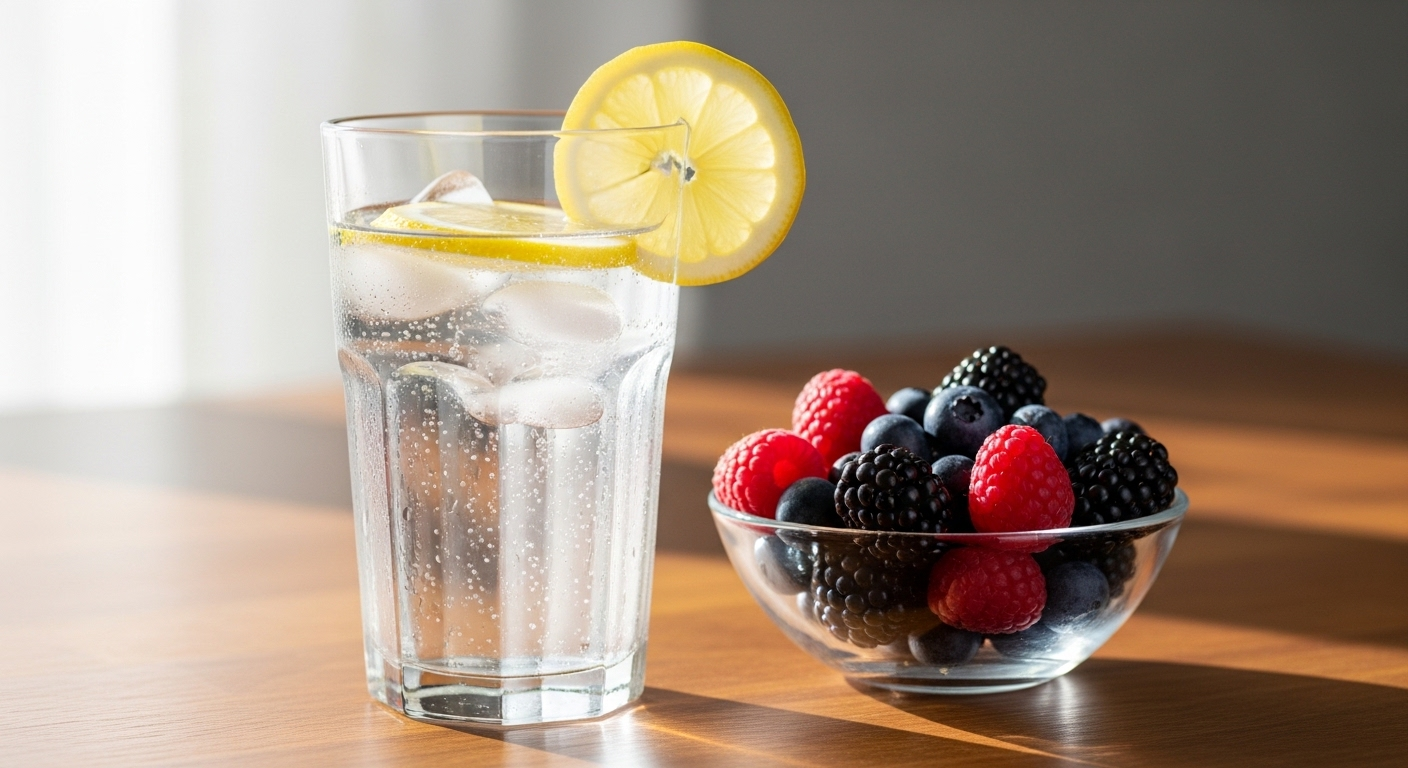 Cốc nước chanh đá mát lạnh và bát quả mọng tươi trên mặt gỗ sạch, bữa ăn nhẹ lý tưởng cho Cách ăn ít no lâu.