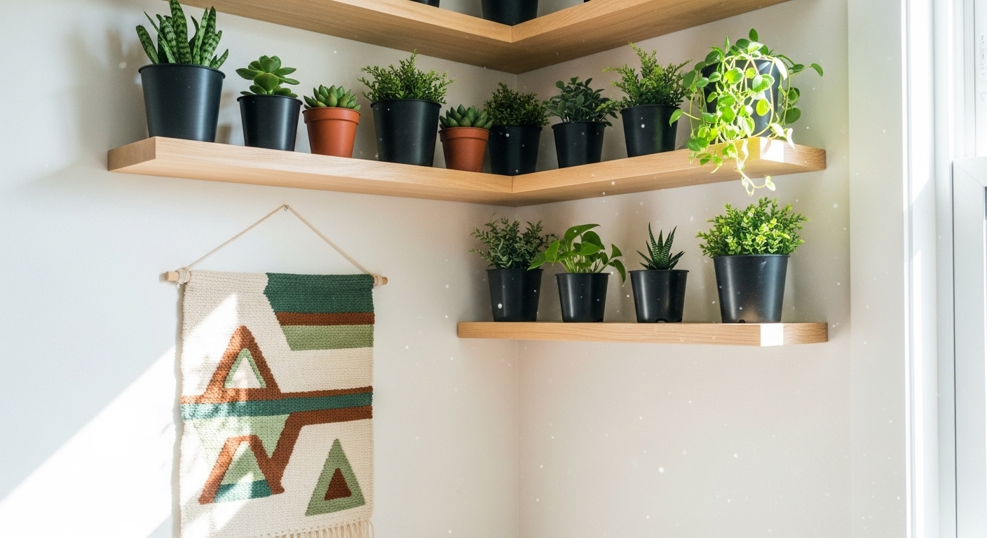 Góc phòng ngủ nhỏ đẹp với kệ gỗ nổi trang trí cây xanh tươi và tranh vải thủ công, mang đến ý tưởng về cách trang trí phòng ngủ nhỏ đẹp hiện đại. Góc phòng ngủ nhỏ đẹp với kệ gỗ nổi trang trí cây xanh tươi và tranh vải thủ công, mang đến ý tưởng về cách trang trí phòng ngủ nhỏ đẹp hiện đại.