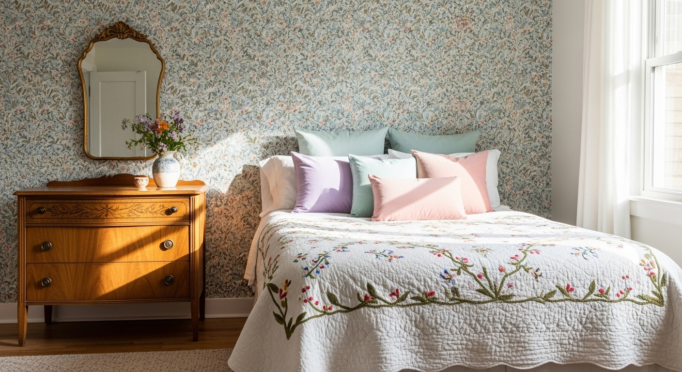 Trang trí phòng ngủ Grandmillennial sống động với tường giấy dán hoa văn thanh lịch, giường chăn thêu pastel và tủ gỗ vintage chạm khắc tinh tế.