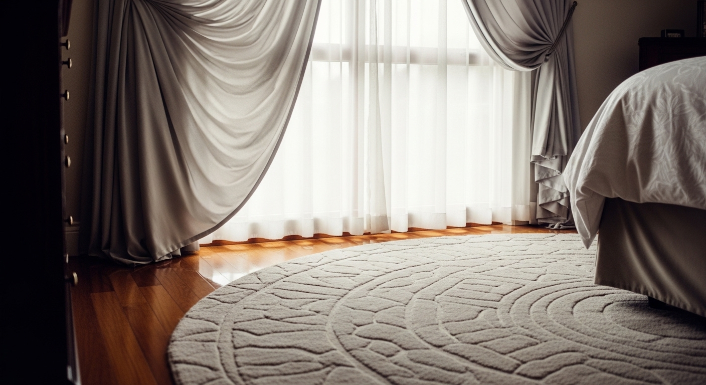 Trang trí phòng ngủ thanh lịch với rèm cửa xám nhạt mềm mại, đón ánh sáng tự nhiên qua cửa sổ và thảm tròn họa tiết hình học tinh tế trên sàn gỗ.