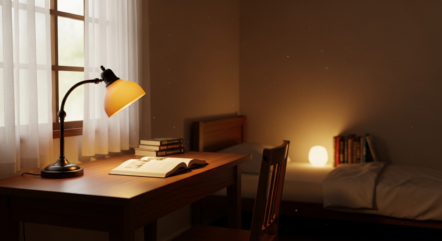 Góc học tập yên tĩnh trong phòng ngủ trẻ em, với bàn gỗ, đèn bàn ấm và sách mở. Ánh sáng tự nhiên dịu nhẹ qua rèm cửa và đèn ngủ mờ tạo không gian ấm cúng, là ý tưởng lý tưởng cho trang trí phòng ngủ cho trẻ.