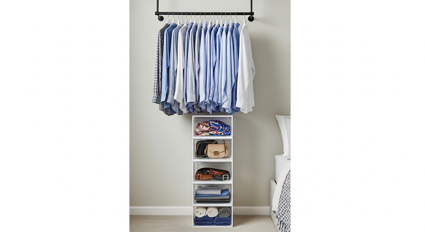 Hệ thống tổ chức dọc với thanh treo quần áo gắn tường và hộp đựng phụ kiện trong suốt, ý tưởng tuyệt vời cho trang trí phòng ngủ nhỏ.